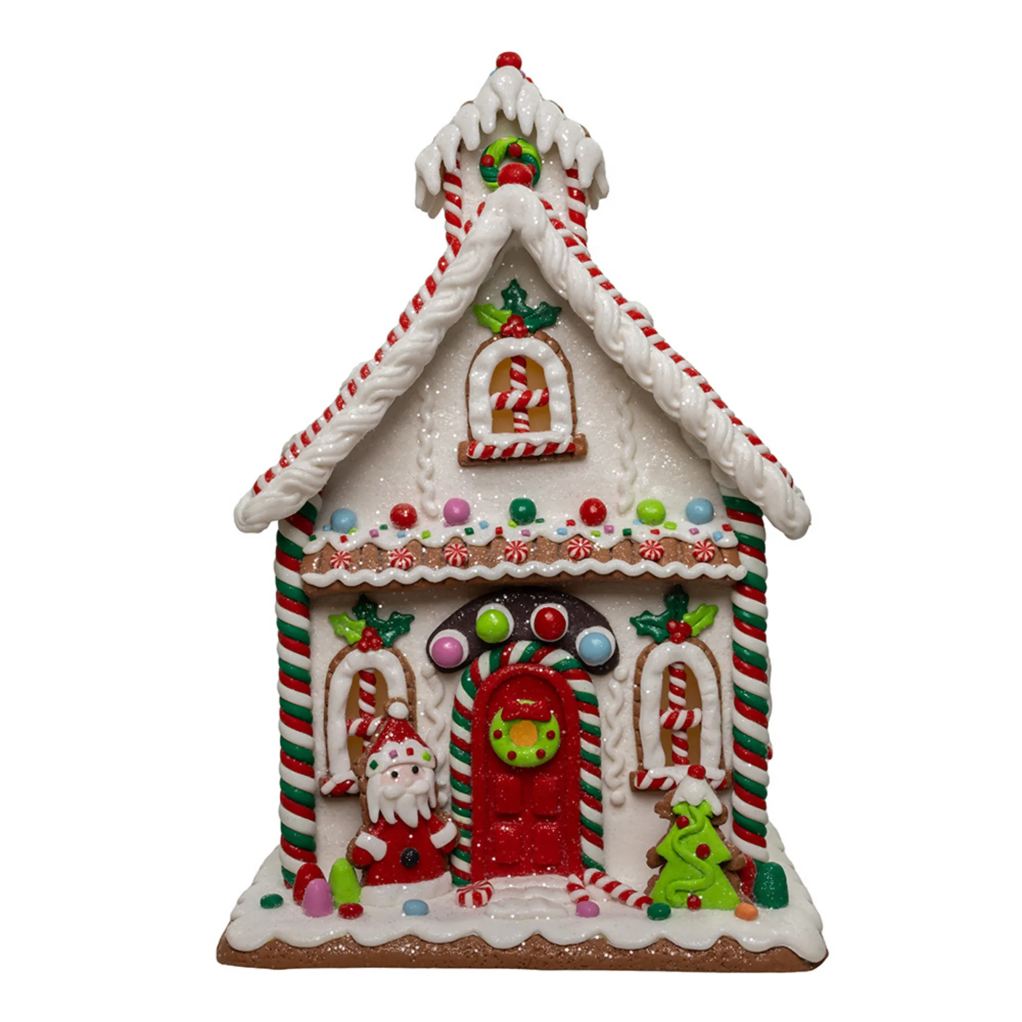 13" Gingerbread House With Santa Table Piece