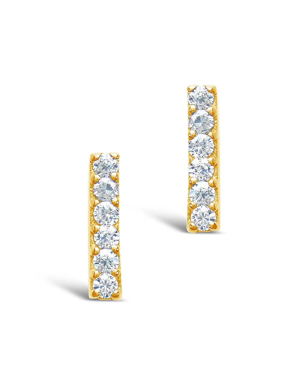 14K Gold Plated Sterling Silver Pave CZ Bar Stud Earrings