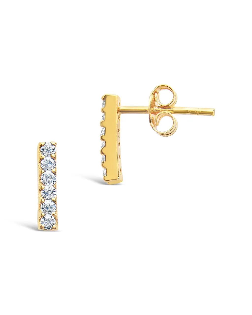 14K Gold Plated Sterling Silver Pave CZ Bar Stud Earrings