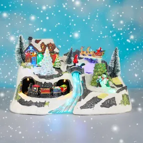 Animated Christmas Village Multicolored Galaxy River with Rotating Train and Reindeer