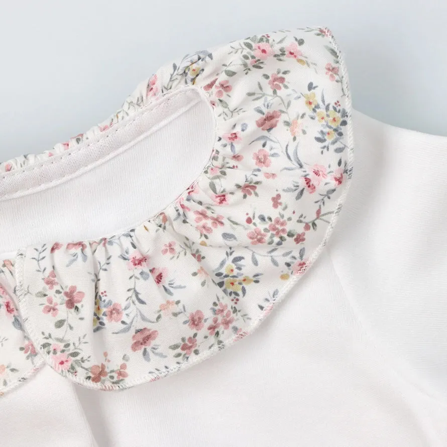 Baby White Cotton Babygrow with Liberty Print Ruffle Collar