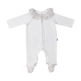 Baby White Cotton Babygrow with Liberty Print Ruffle Collar