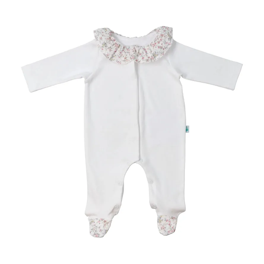 Baby White Cotton Babygrow with Liberty Print Ruffle Collar