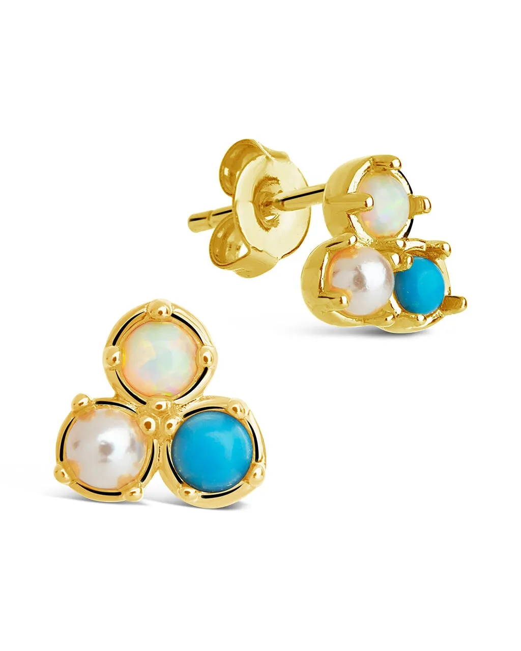 Bermuda Opal, Pearl, & Turquoise Triple Stud Earrings