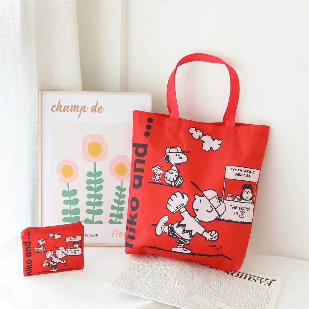 Cartoon Design Cute White Dog and Friends Fold Up Tote Bag | Sky Blue Red Yellow Green School Bus Sunglasses - Kawaii Little Bag