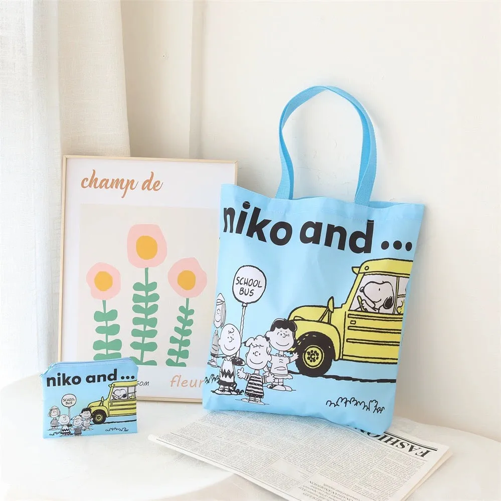 Cartoon Design Cute White Dog and Friends Fold Up Tote Bag | Sky Blue Red Yellow Green School Bus Sunglasses - Kawaii Little Bag