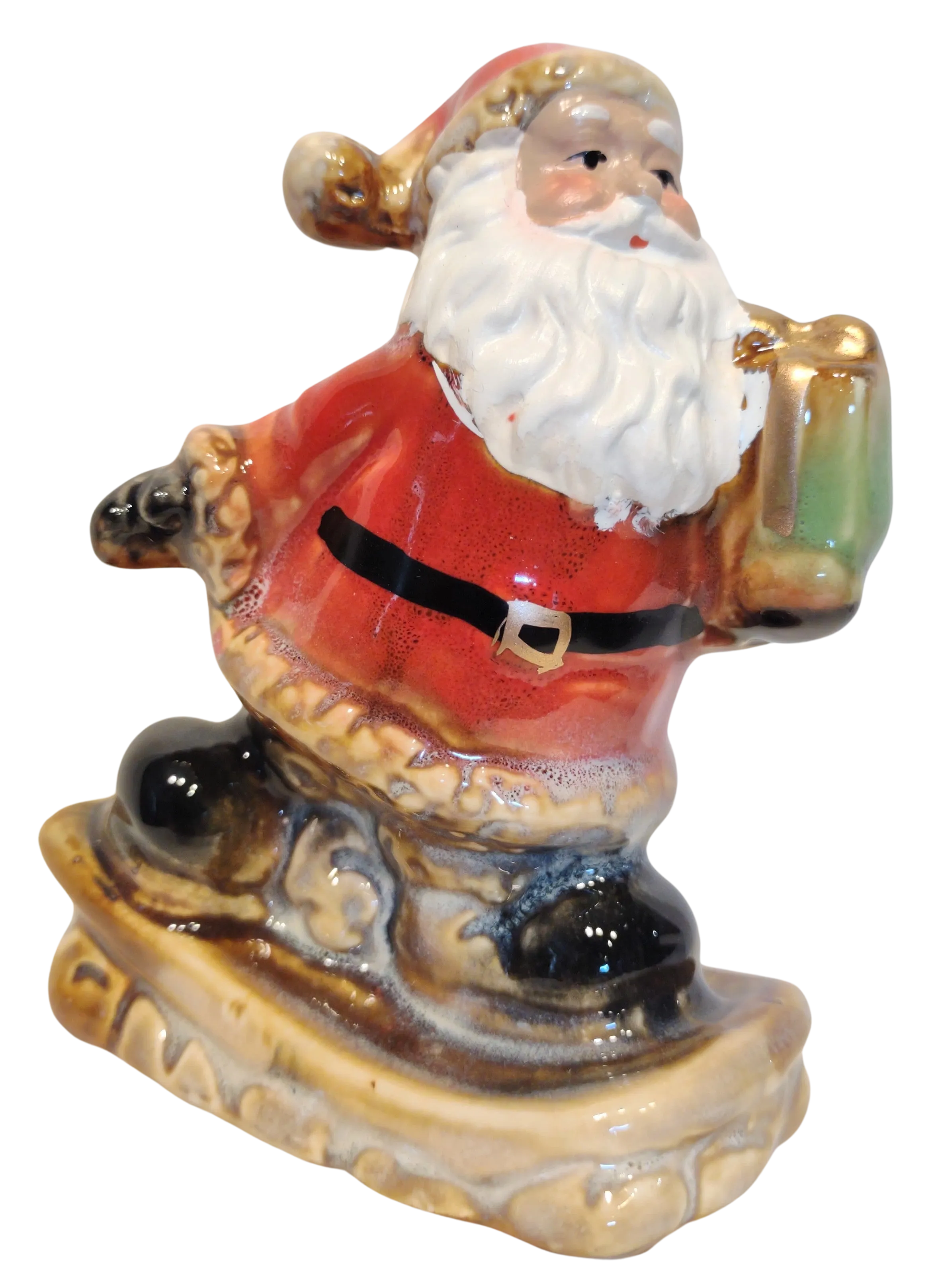 Ceramic Santa Figurine On Snowboard or Skis