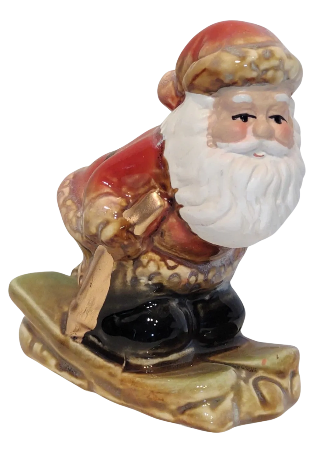 Ceramic Santa Figurine On Snowboard or Skis