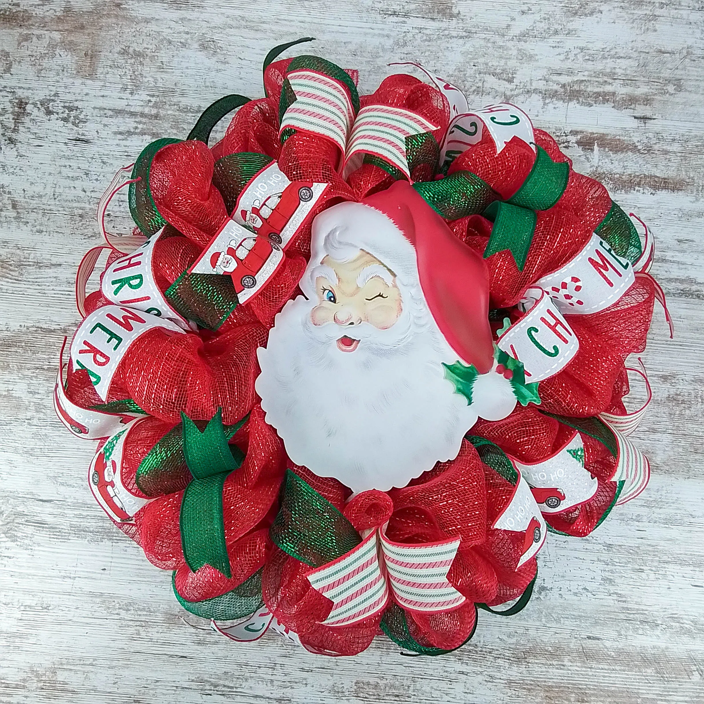 Christmas Deco Mesh Wreath, Holiday Door Hanger, Santa Claus Themed Decoration