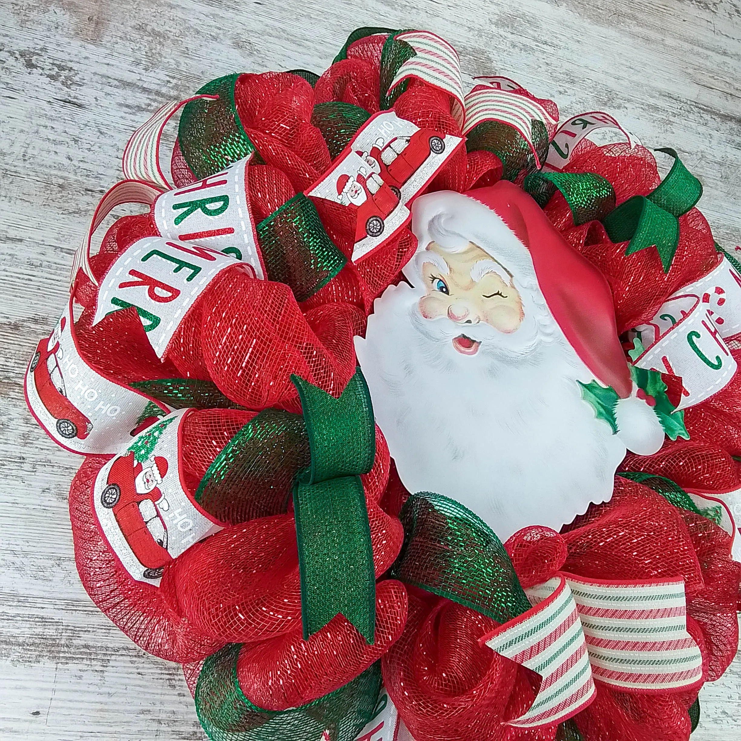 Christmas Deco Mesh Wreath, Holiday Door Hanger, Santa Claus Themed Decoration