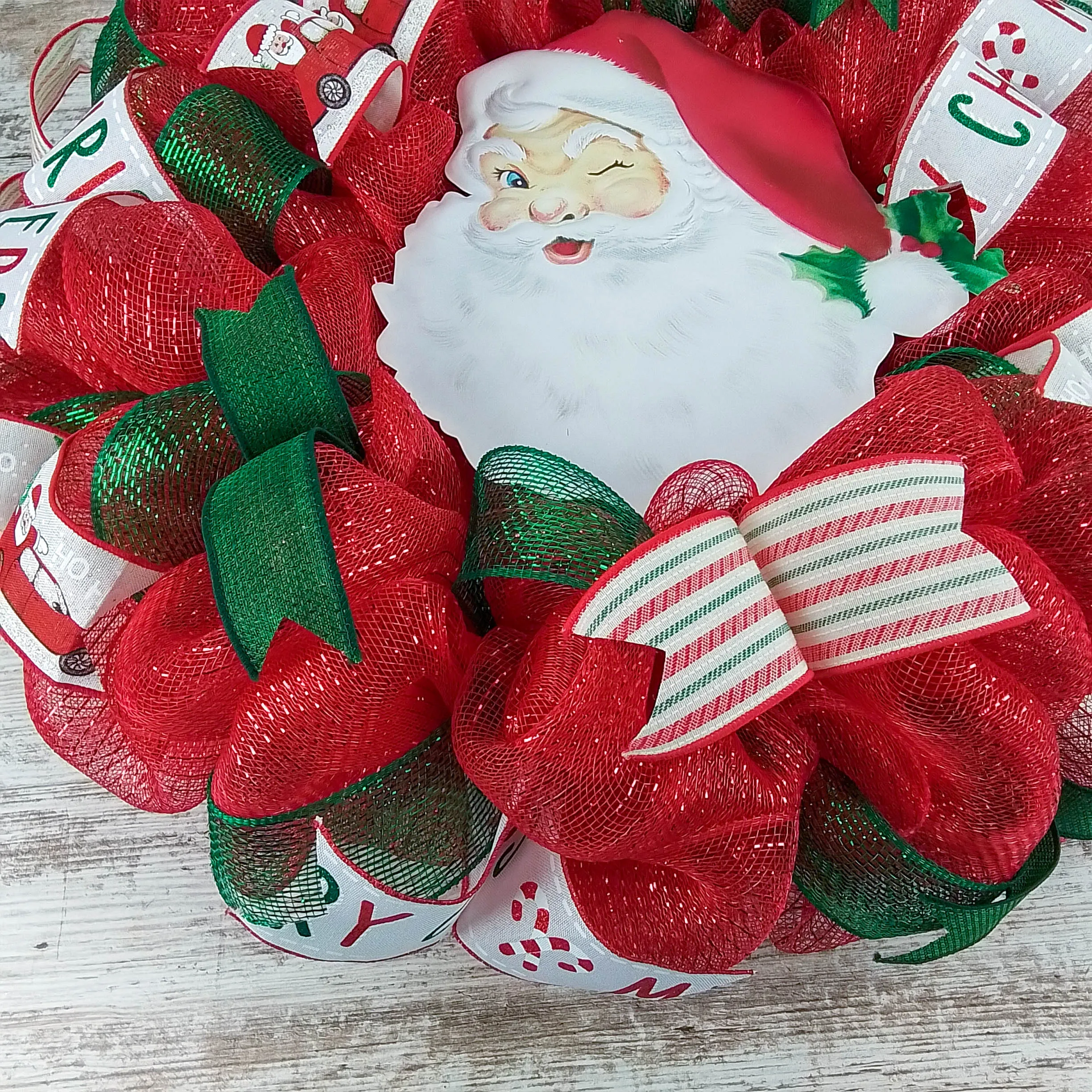 Christmas Deco Mesh Wreath, Holiday Door Hanger, Santa Claus Themed Decoration