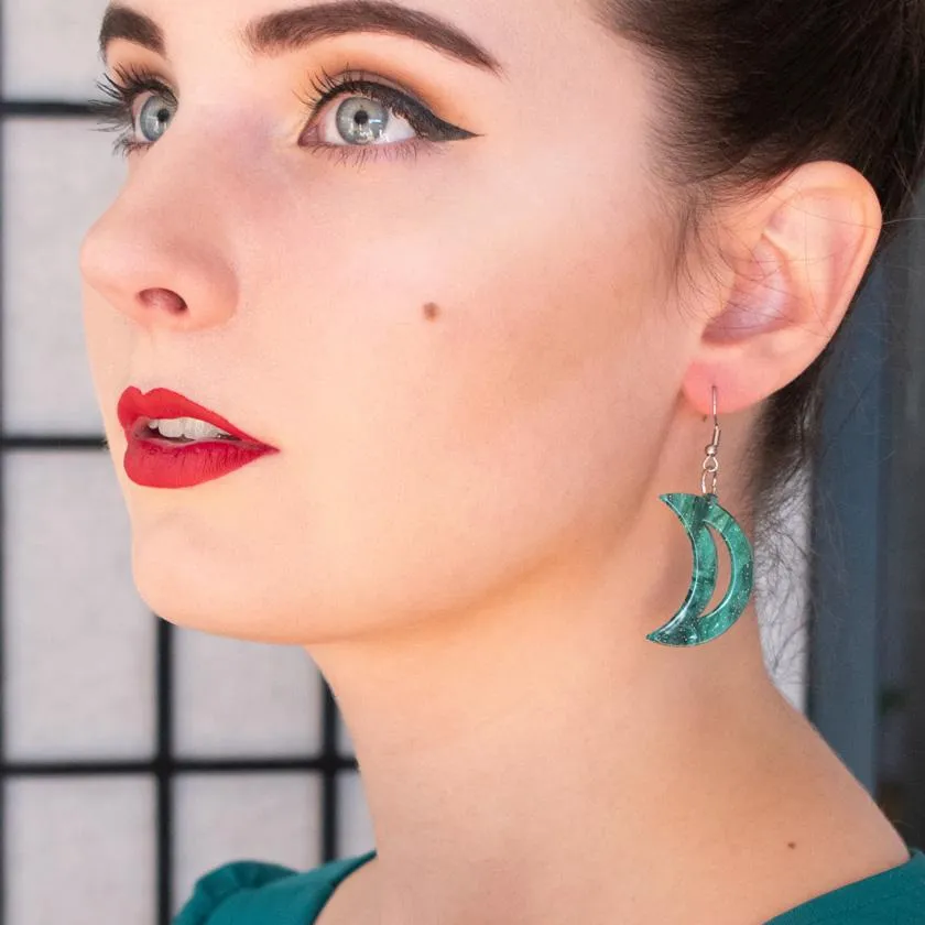 Crescent Moon Ripple Glitter Resin Drop Earrings - Emerald