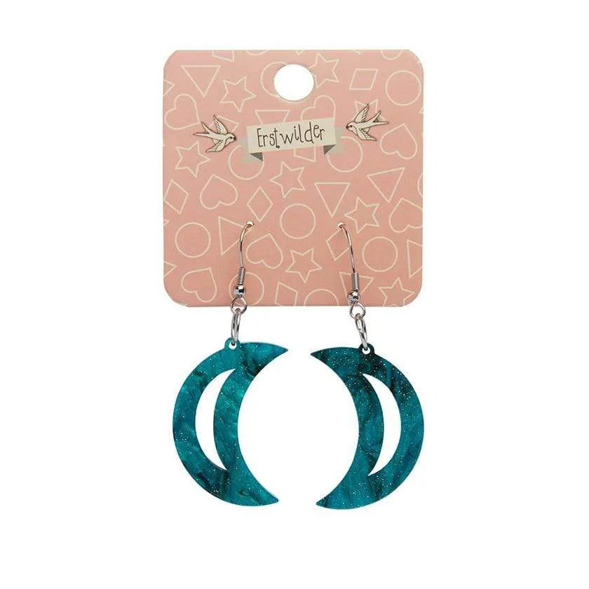 Crescent Moon Ripple Glitter Resin Drop Earrings - Emerald