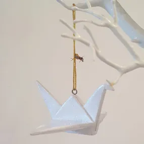 Cure Brain Cancer <br>White Glitter Crane Ornament