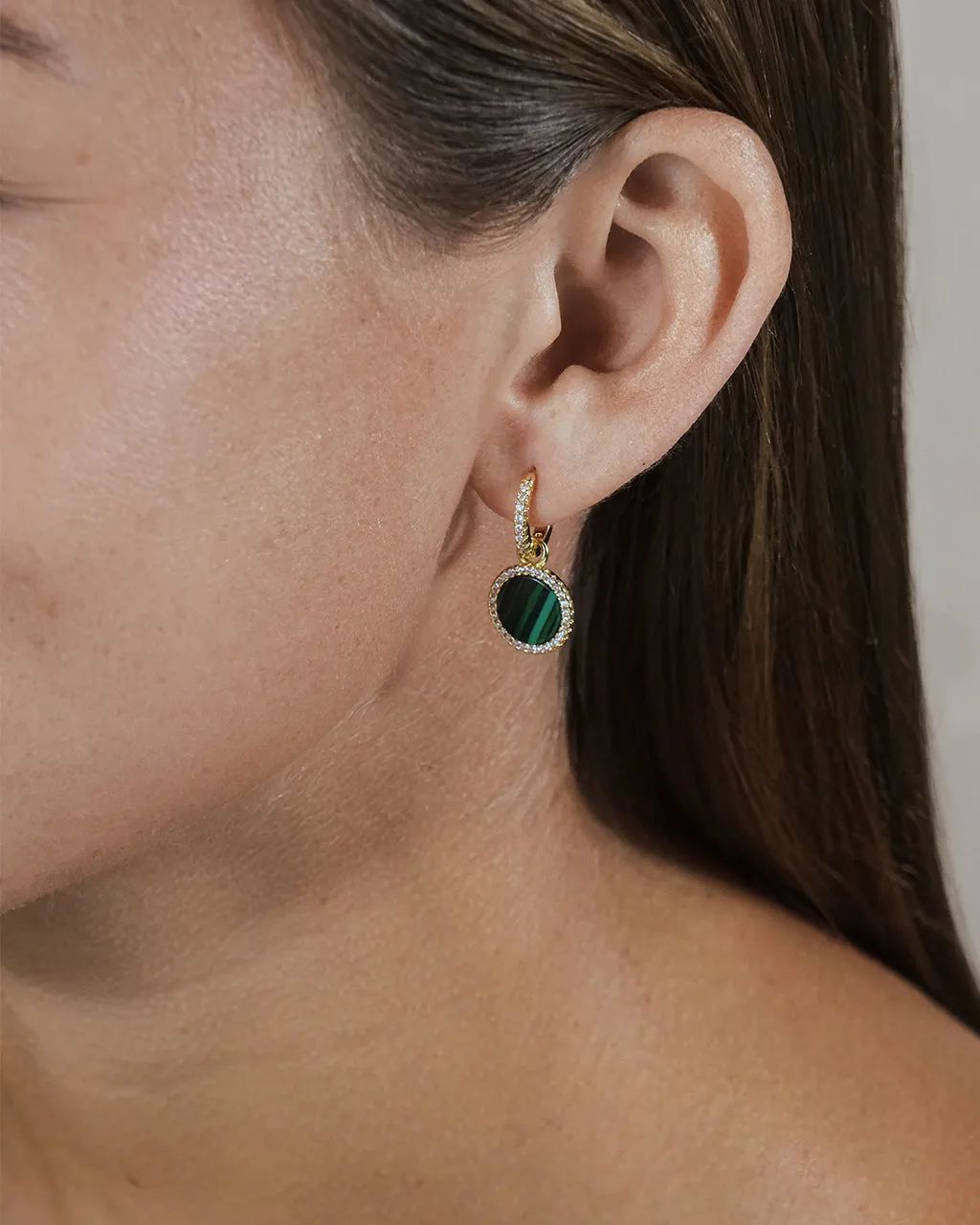 CZ & Malachite Disc Drop Micro Hoop Earrings