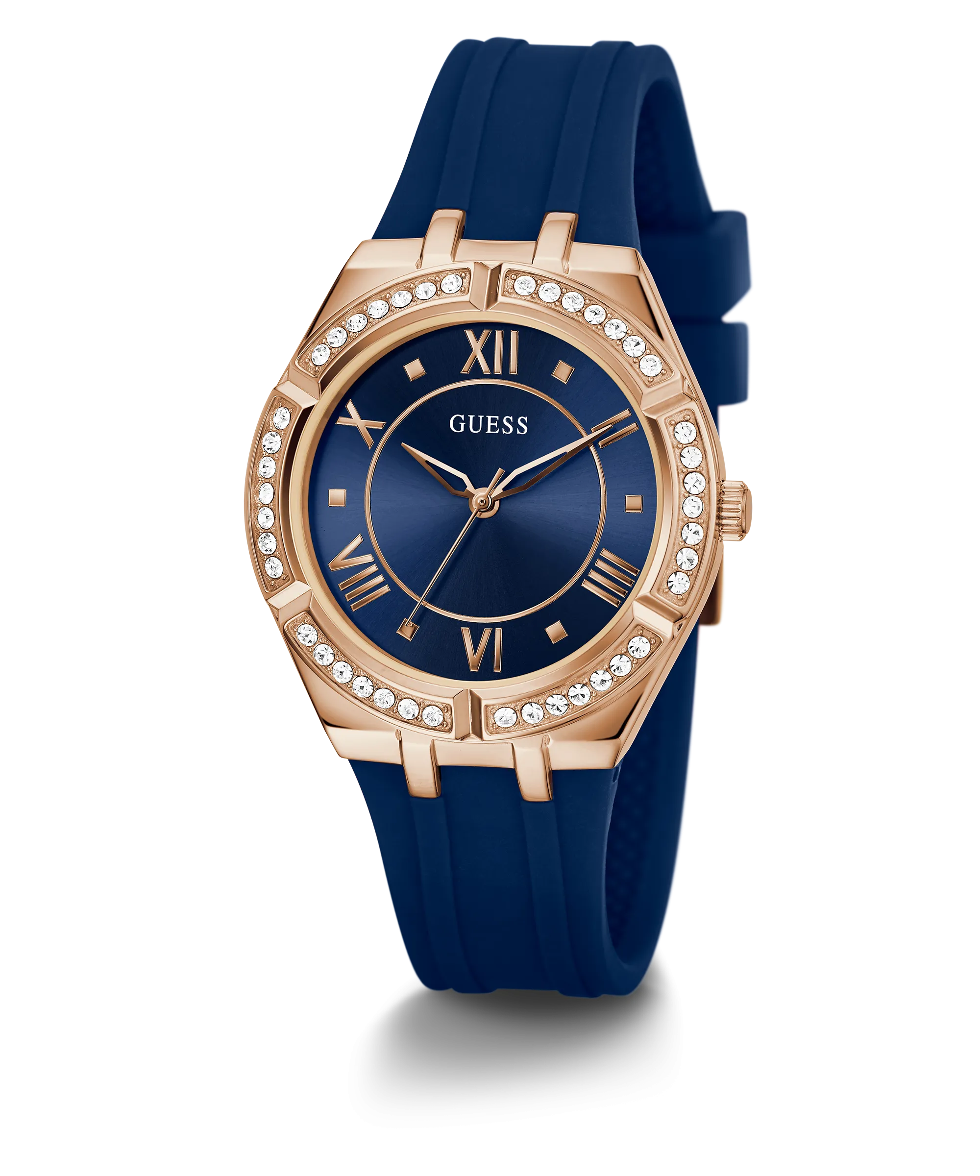 GUESS Ladies Blue Rose Gold Tone Analog Watch