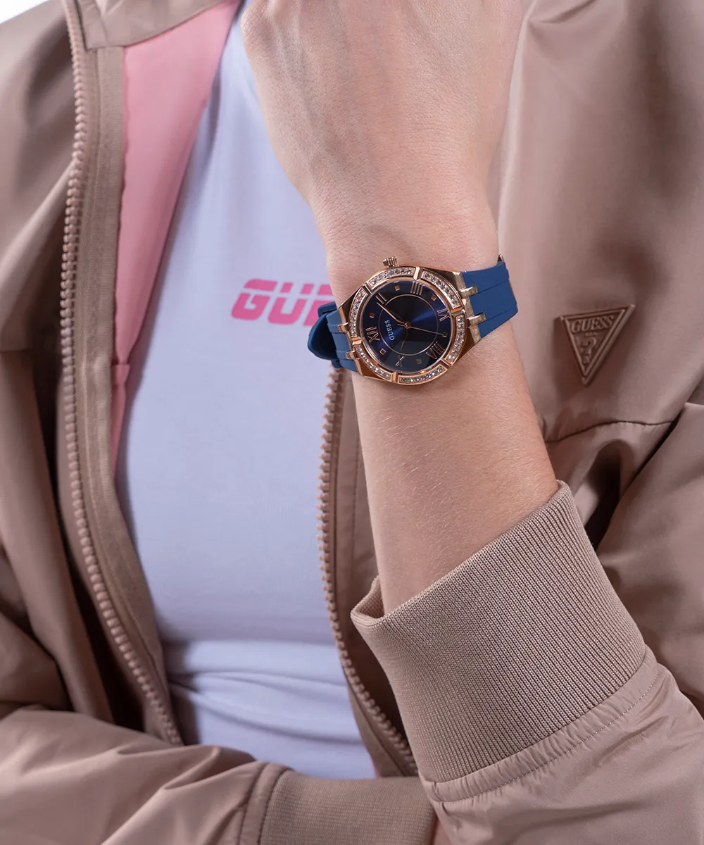 GUESS Ladies Blue Rose Gold Tone Analog Watch