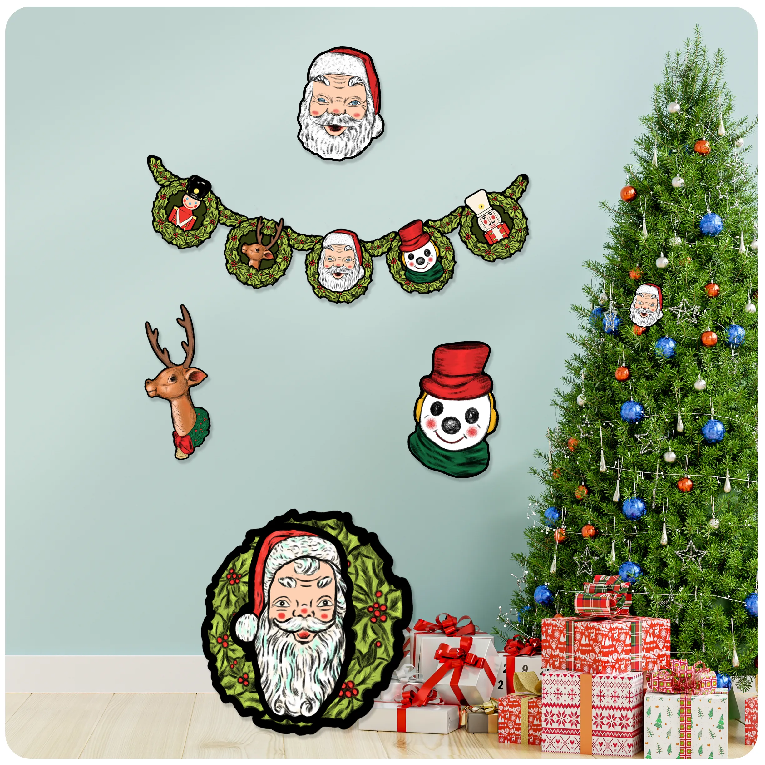 Illuminated Christmas Blowmold Inspired Deluxe Jointed Garland Banner