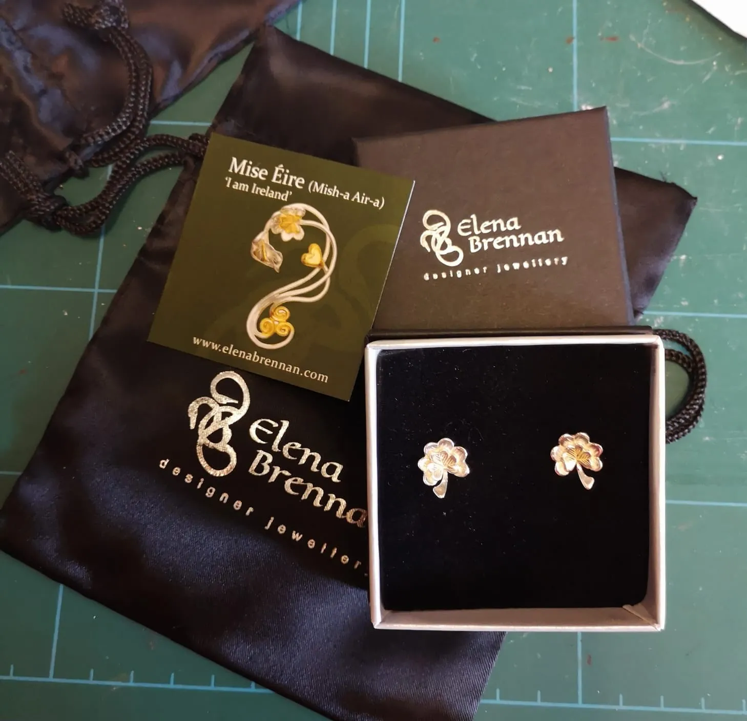 Ireland Forever-Éireann Go Brách Stud Earrings <br> 14ct Gold Shamrock