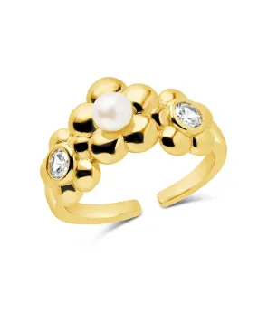 June CZ & Pearl Blossom Open Band Ring