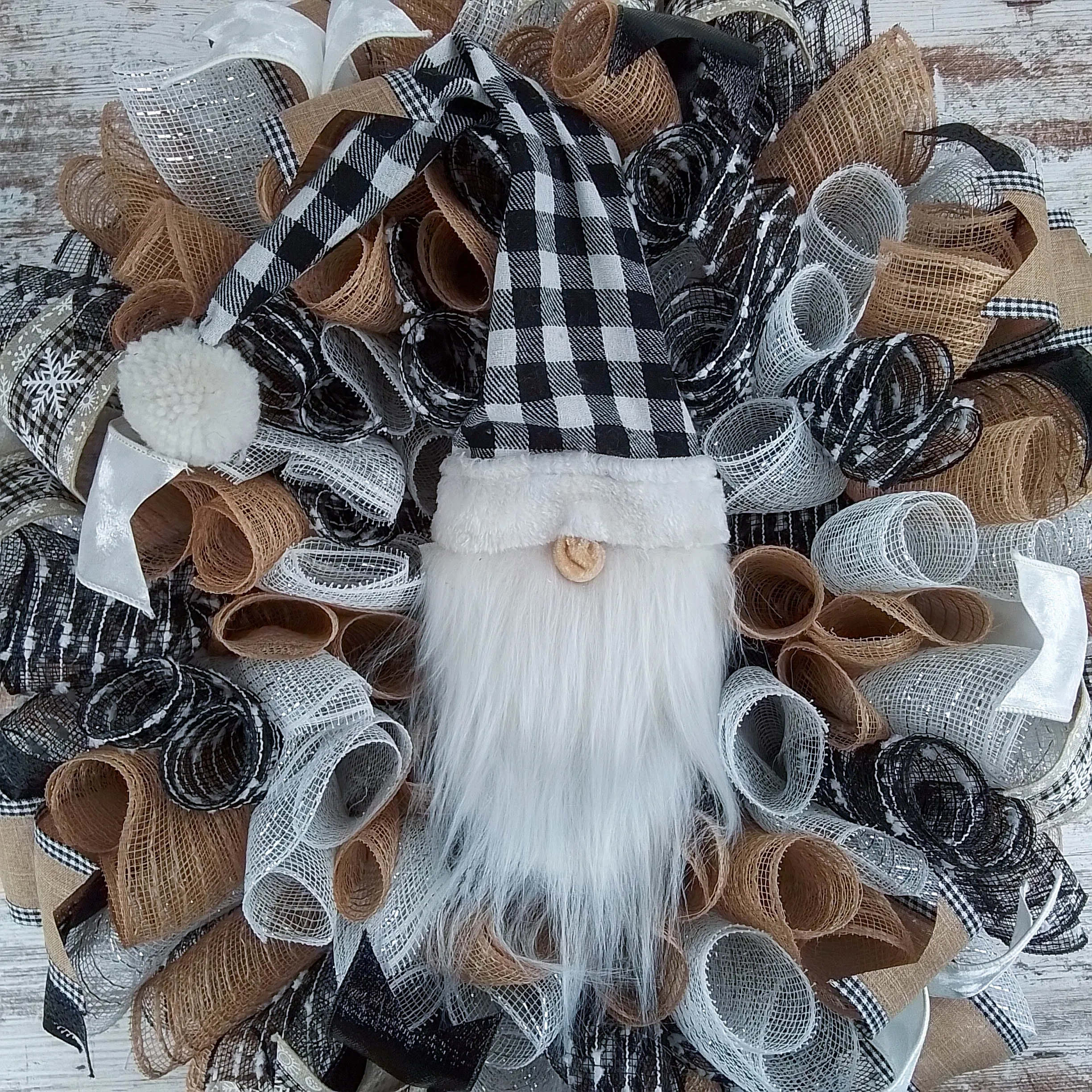 Rustic Winter Wreath, Burlap and Deco Mesh Decor, Santa Claus Gnome Door Hanger