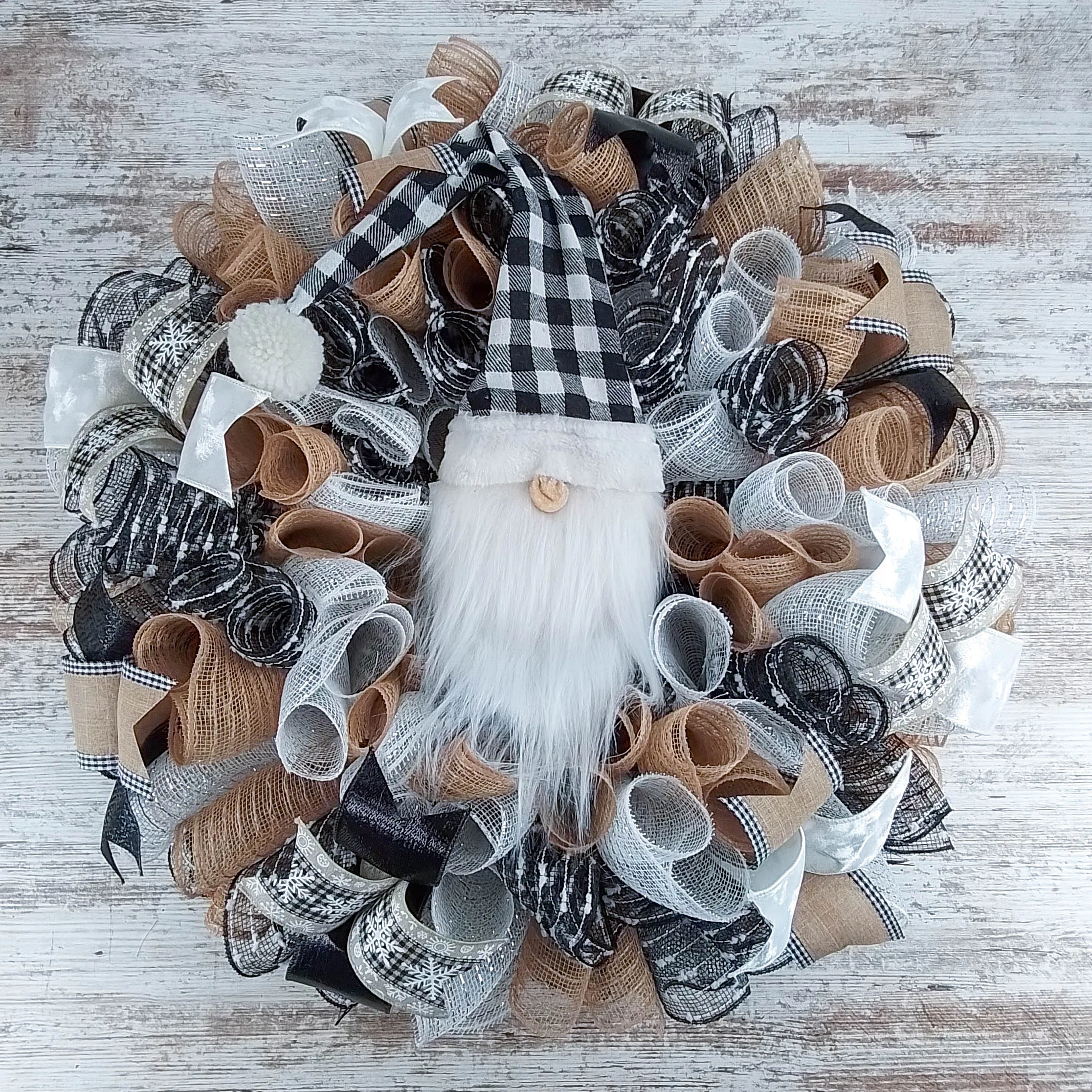 Rustic Winter Wreath, Burlap and Deco Mesh Decor, Santa Claus Gnome Door Hanger