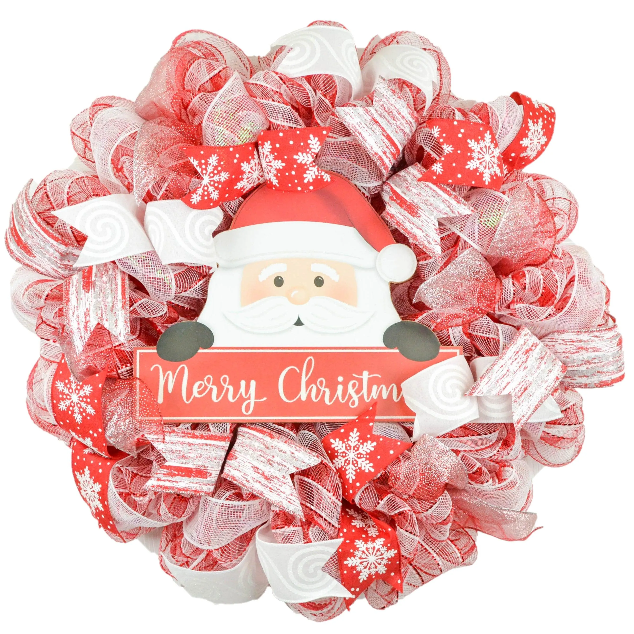 Santa Claus Peeking Merry Christmas Front Door Wreath - Red White Candy Cane Outside Decoration - Red White