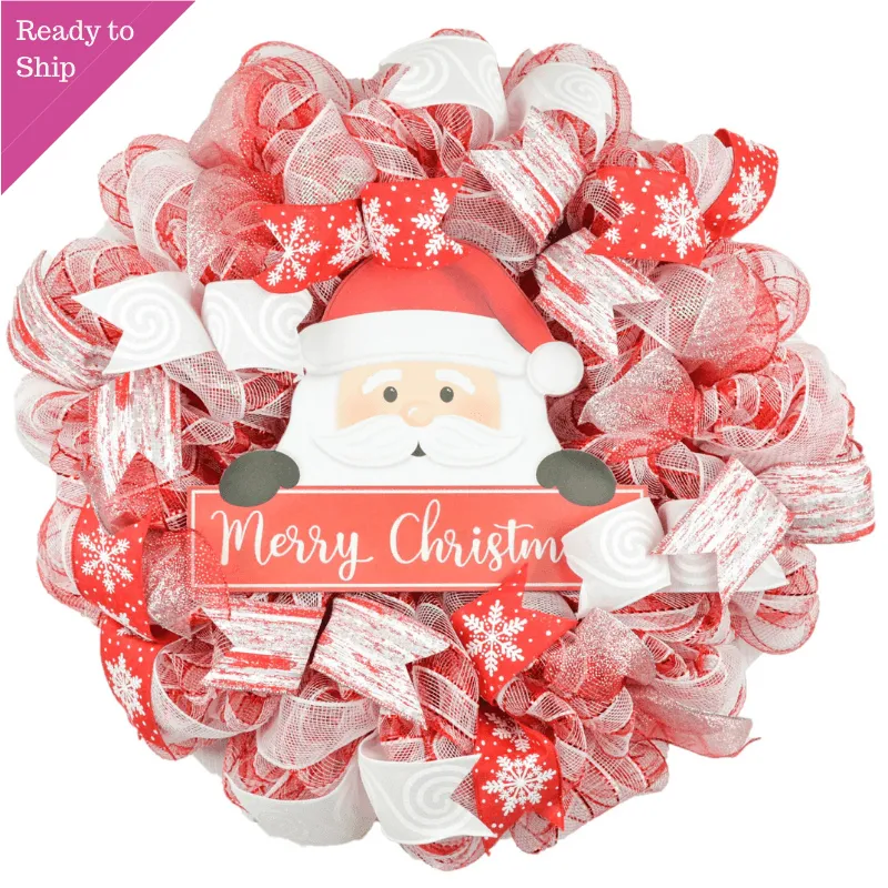 Santa Claus Peeking Merry Christmas Front Door Wreath - Red White Candy Cane Outside Decoration - Red White