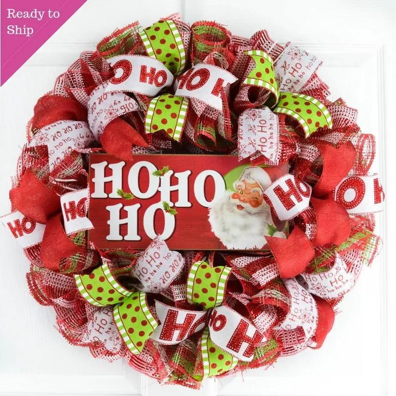 Santa Claus Wreath | Christmas Mesh Front Door/Outdoor Wreath | White Red Green