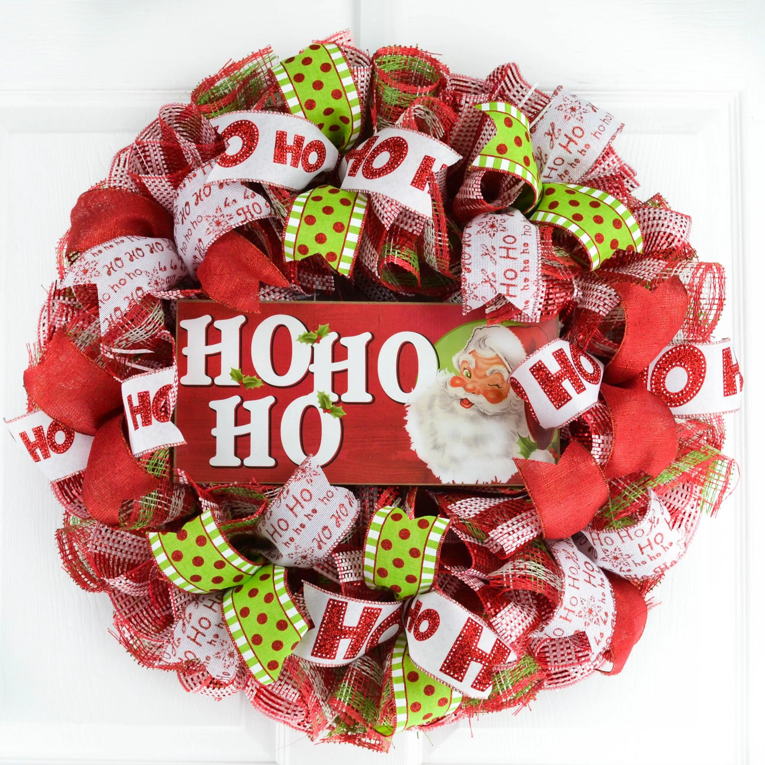 Santa Claus Wreath | Christmas Mesh Front Door/Outdoor Wreath | White Red Green