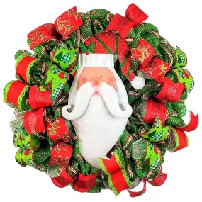 Santa Claus Wreath - Christmas Mesh Outdoor Front Door Decor - White Red Lime Green